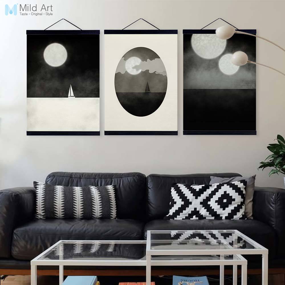 Abstract Marine Sailing Moon Wooden Framed Canvas Paintings Black White Triptych Home Decor Wall Art Print Picture Poster Scroll