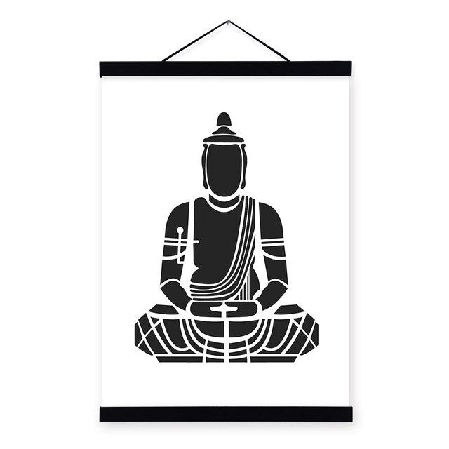 Abstract Minimalist Zen Buddha Figure Wooden Framed Posters Oriental Living Room Decor Wall Art Pictures Canvas Paintings Scroll