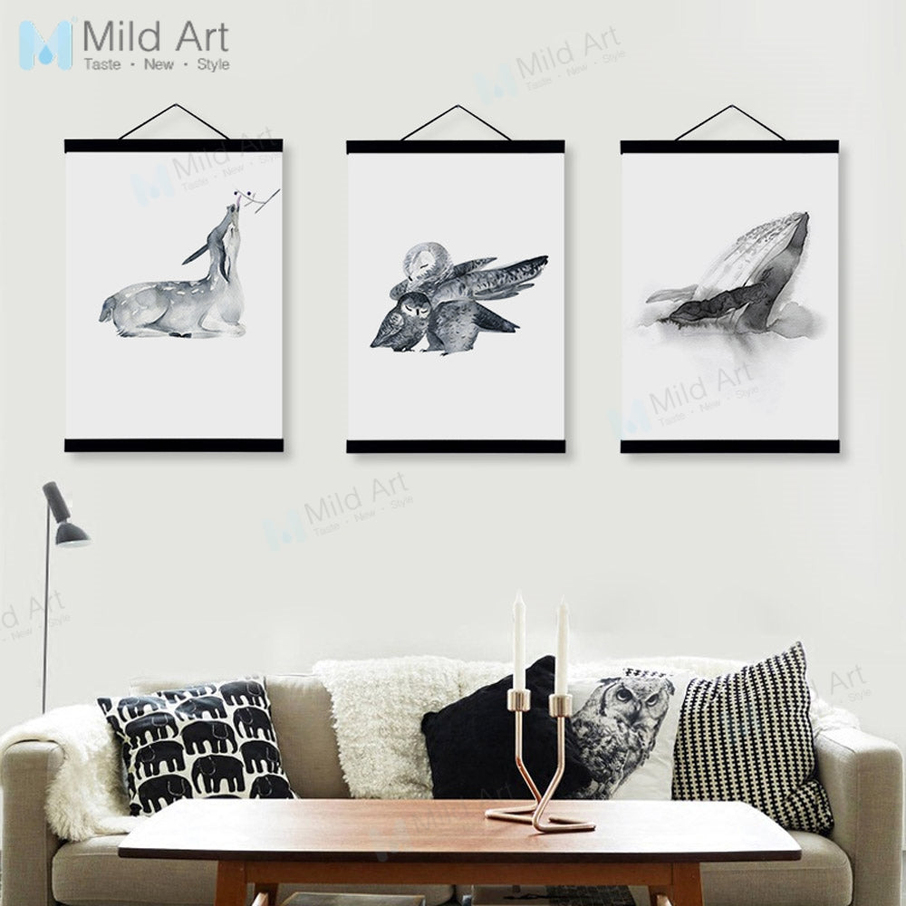 Oriental Ink Mother Animals Family Deer Whale Wooden Framed Posters Wall Art Pictures Home Decor Canvas Paintings Hanger Scroll