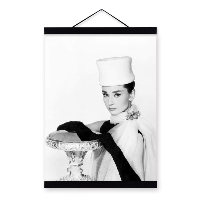 Black White Audrey Hepburn Superstar Photo Wooden Framed Posters Living Room Wall Art Pictures Home Decor Canvas Painting Scroll