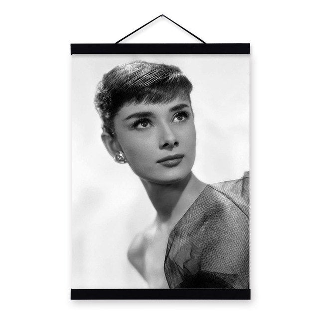 Black White Audrey Hepburn Superstar Photo Wooden Framed Posters Living Room Wall Art Pictures Home Decor Canvas Painting Scroll