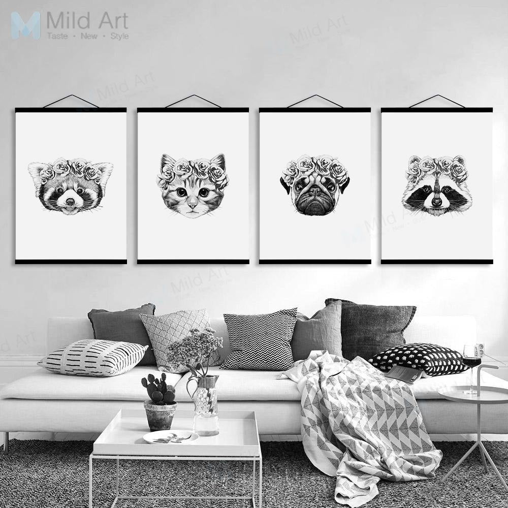 Black White Rose Flower Animal Head Rabbit Cat Wooden Framed Poster And Prints Nordic Home Decor Wall Art Canvas Painting Scroll