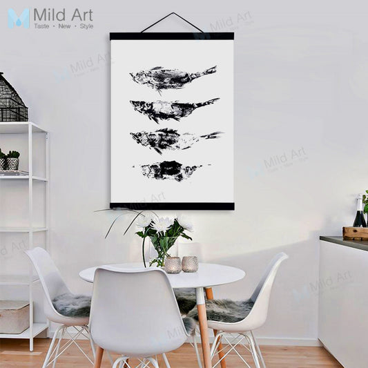Minimalist Kitchen Black White Fish Wooden Framed Painting And Print Nordic Scroll Wall Art Pictures Home Decor Canvas Poster