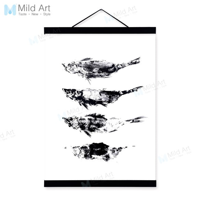 Minimalist Kitchen Black White Fish Wooden Framed Painting And Print Nordic Scroll Wall Art Pictures Home Decor Canvas Poster