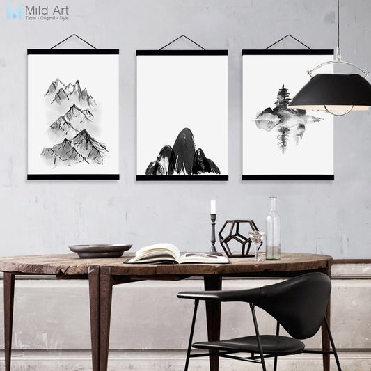 Black White Chinese Ink Mountain Landscape Living Room Wooden Framed Canvas Painting Home Decor Wall Art Pictures Posters Scroll