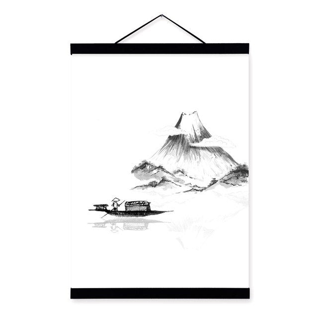 Black White Chinese Ink Mountain Landscape Living Room Wooden Framed Canvas Painting Home Decor Wall Art Pictures Posters Scroll
