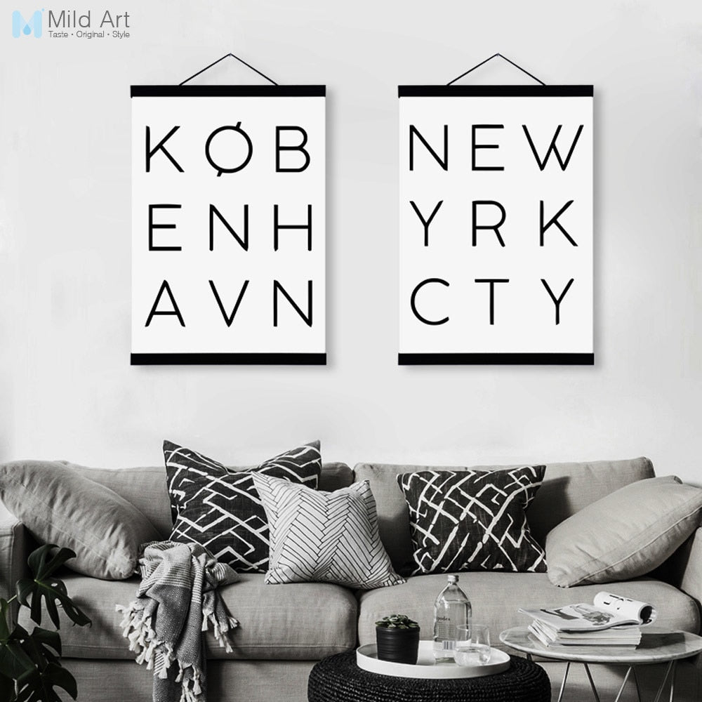 Nordic Minimalist Typography New York City Wooden Framed Poster Wall Art Canvas Painting Modern Home Decor Prints Picture Scroll