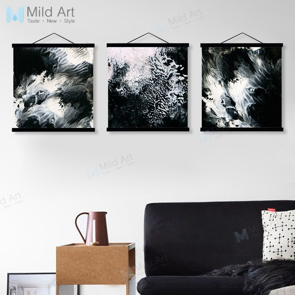 Black White Abstract River Wooden Framed Poster And Print Nordic 3 Piece Scroll Wall Art Pictures Home Decor Canvas Painting