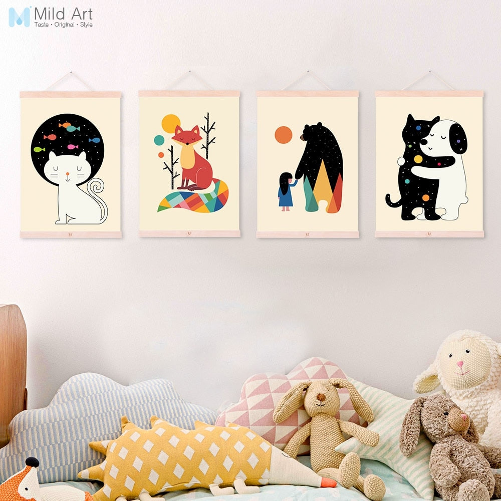 Colorful Cute Animals Friend Hug Cat Bear Dog Kids Room Wooden Framed Canvas Painting Home Decor Wall Art Pictures Poster Scroll