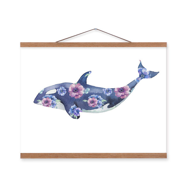Watercolor Flower Animal Whale Nordic Living Room Wooden Framed Canvas Painting Home Decor Wall Art Print Picture Poster Scroll