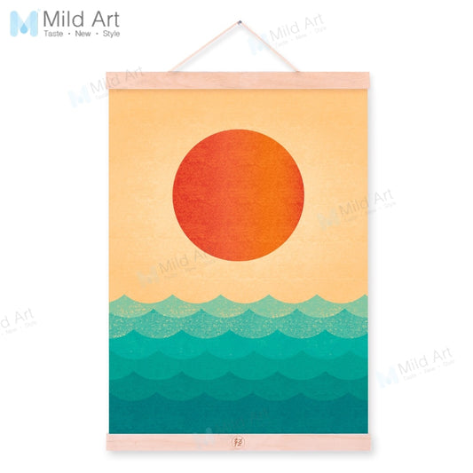 Vintage Retro Minimalist Sunset Wooden Framed Posters Oriental Living Room Wall Art Pictures Home Decor Canvas Paintings Scroll