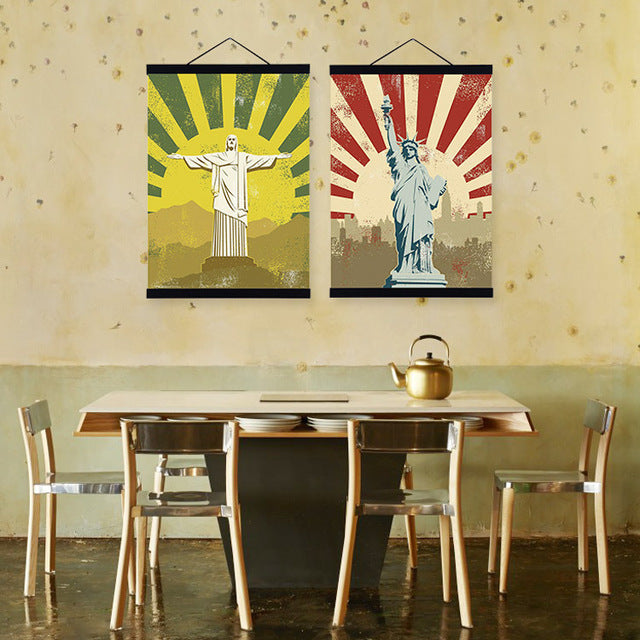 Vintage Retro Famous Statue of Christ Liberty Wooden Frame Poster Living Room Wall Art Picture Home Decor Canvas Painting Scroll