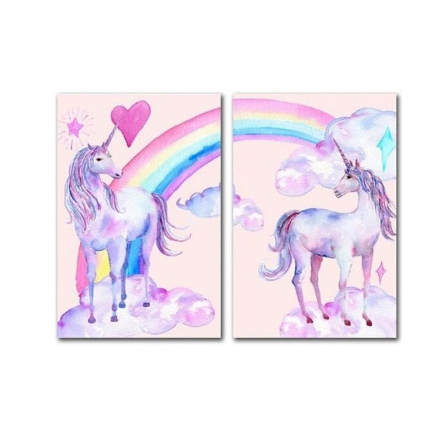 No Frame Nordic Rainbow and Horse Pictures Watercolor posters and Prints Unicorn Canvas Painting Kids