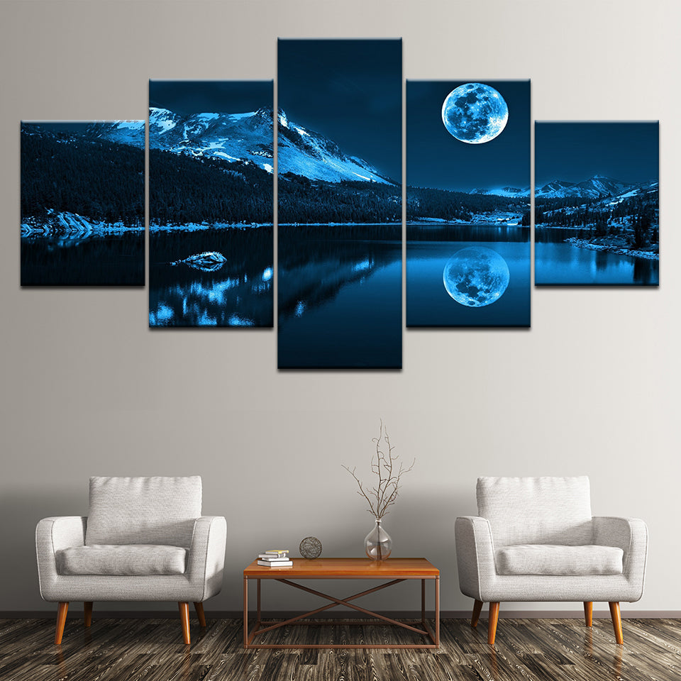 Modern Decoration Home Wall Art Modular Pictures Canvas 5 Pieces Abstract Blue Moon Night Scene Paintings HD Printing Framework