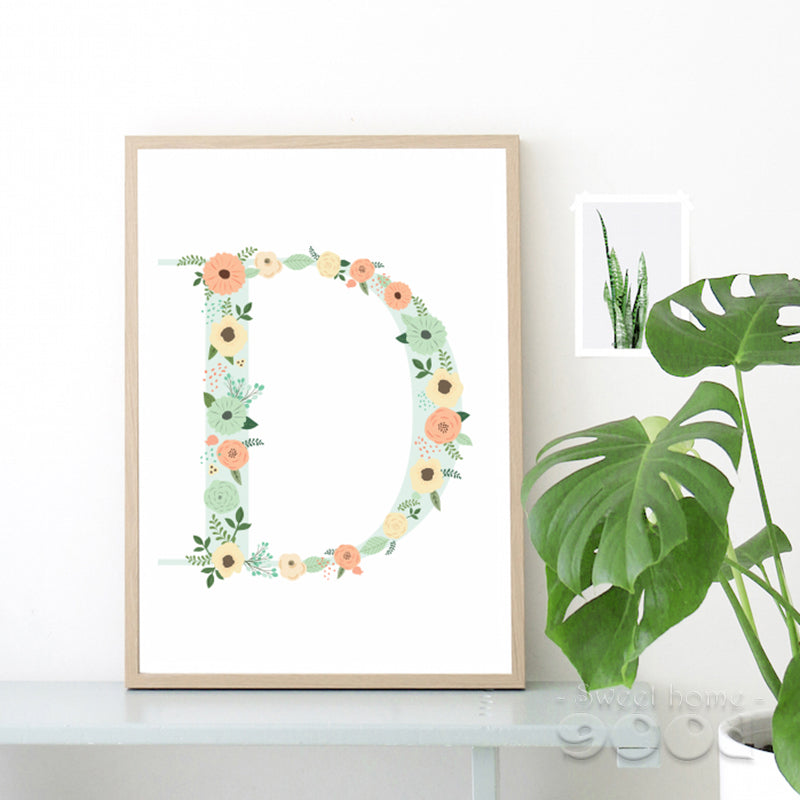 Floral monogram nursery Letter "D" Art Print Art Print painting Poster, Wall Pictures for Home Decoration Wall Decor, FA239-2