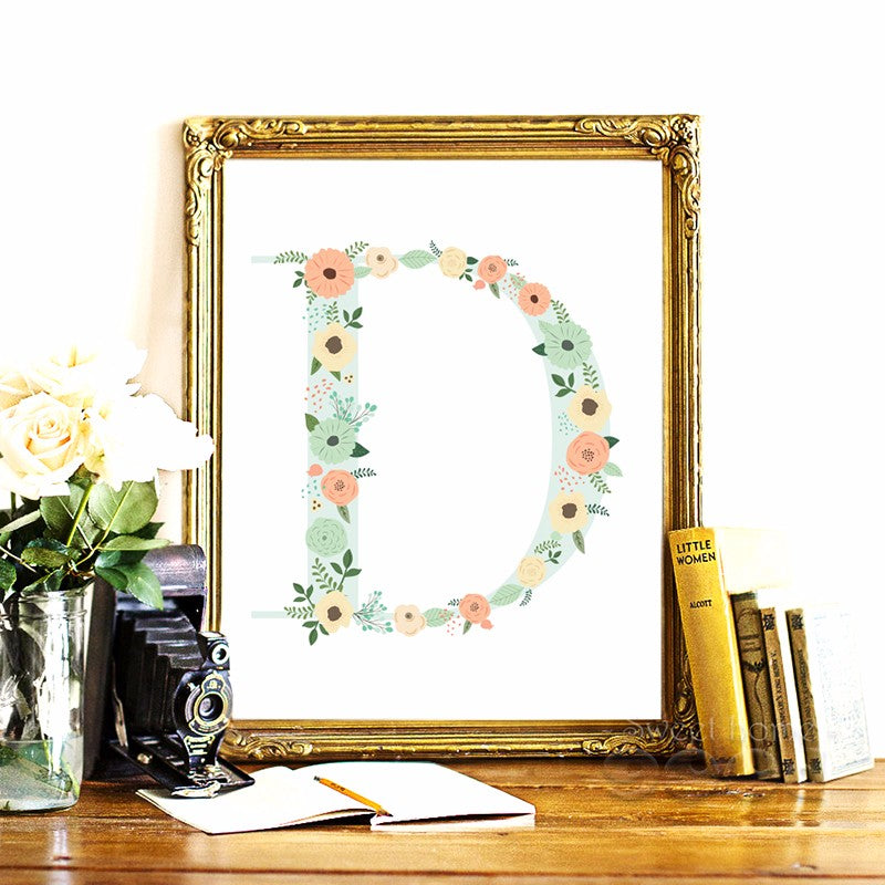 Floral monogram nursery Letter "D" Art Print Art Print painting Poster, Wall Pictures for Home Decoration Wall Decor, FA239-2