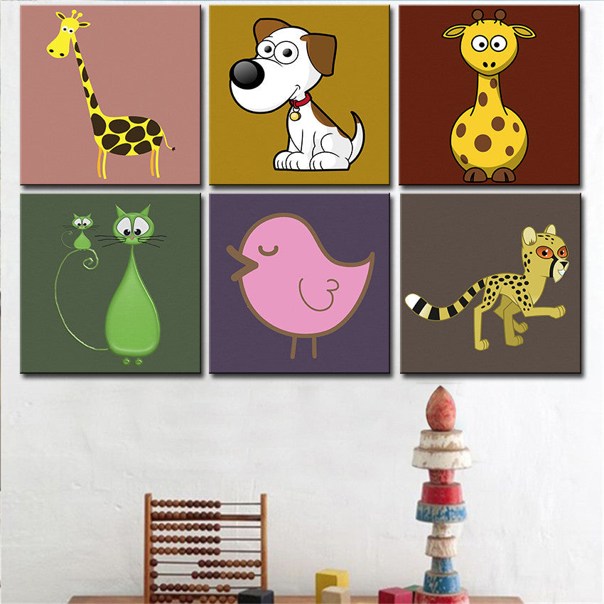 creative wall art Canvas painting Oil Painting 6 pieces/set Modern cartoon animals wall pictures kids room wall decor No Frame
