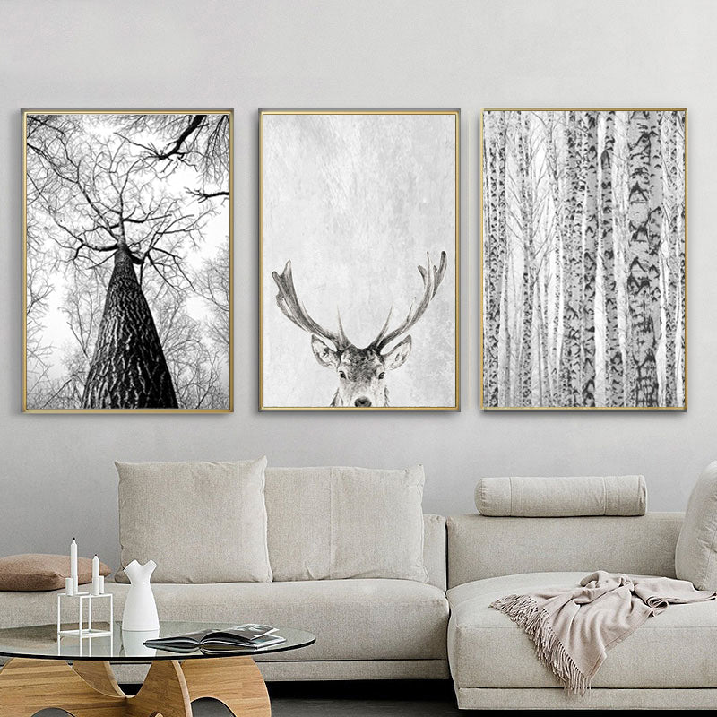 Modern Scandinavian Wall Art Grey White Tree Canvas Painting Deer Animal Posters and Prints