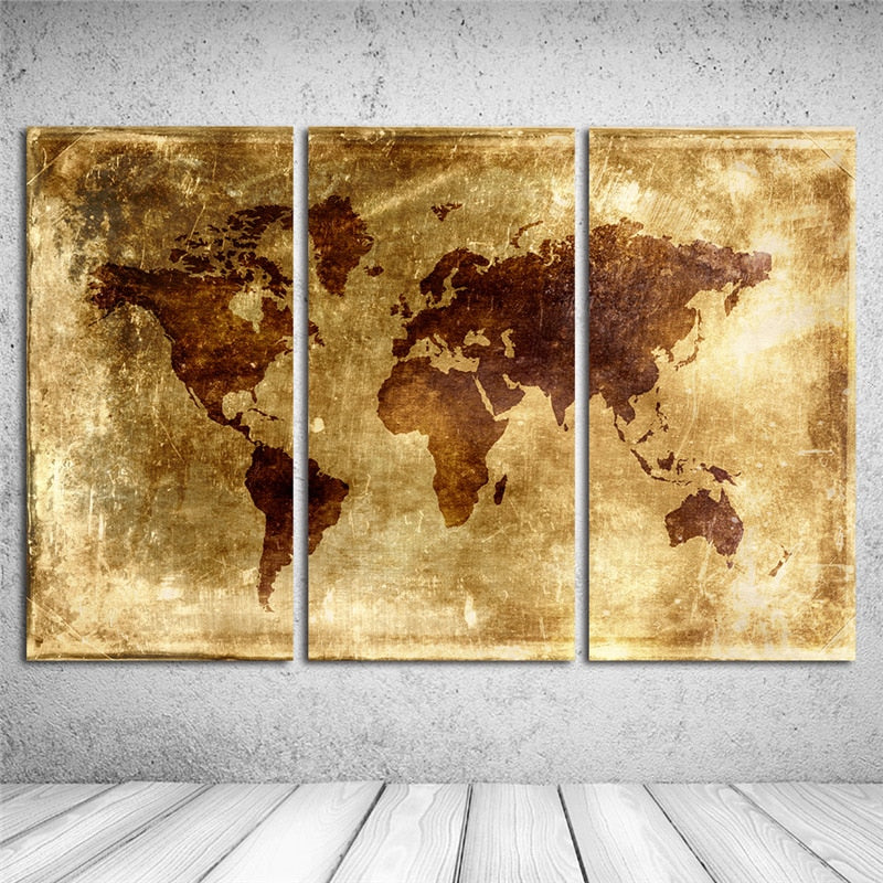 3 Pieces Vintage Canvas Wall Art Canvas Oil Painting Retro World Map Landscape  Wall Pictures Home Decor for Living Room Cafe