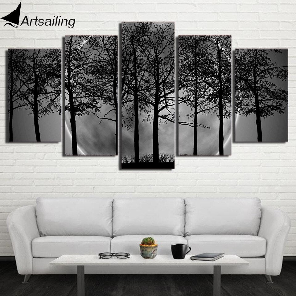 5 Piece Painting Canvas Wall Art Black white tree woods moon painting  Wall Pictures for Living Room Home Decor  ny-6732B