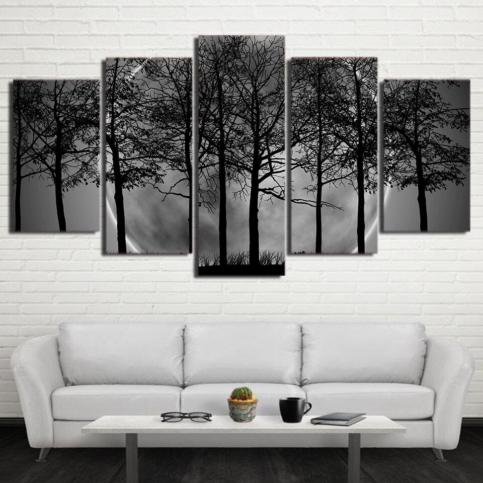 5 Piece Painting Canvas Wall Art Black white tree woods moon painting  Wall Pictures for Living Room Home Decor  ny-6732B