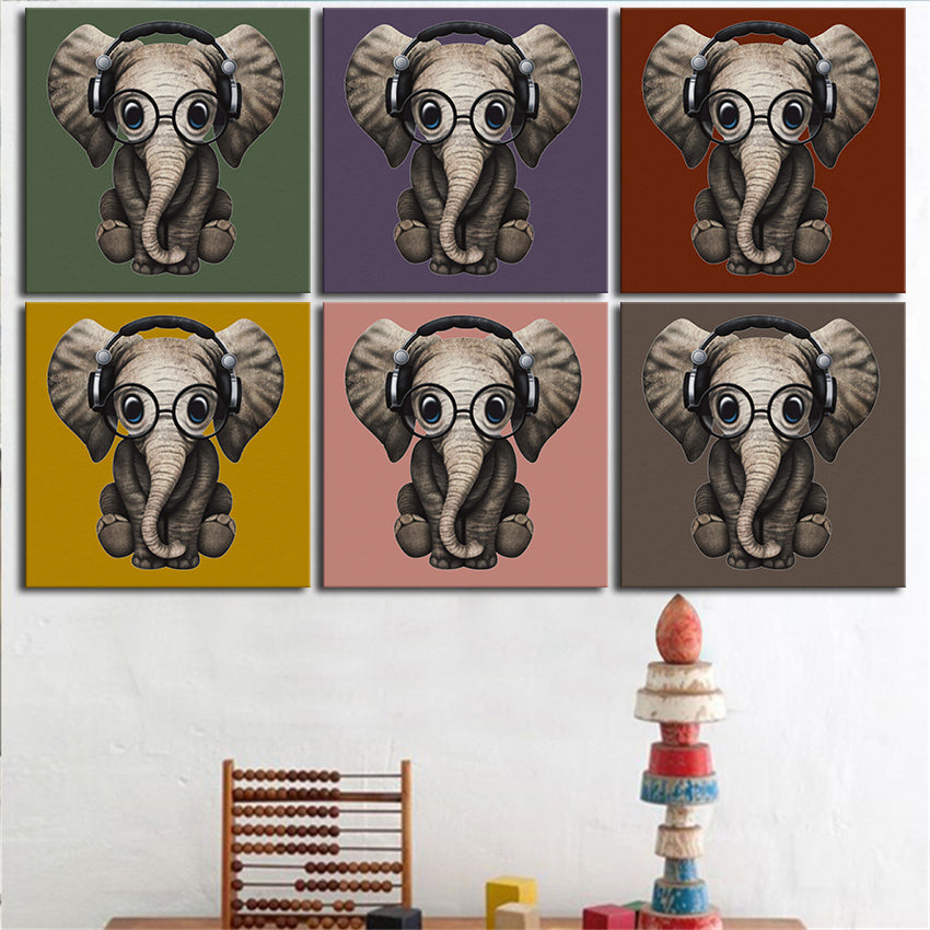 elephant wall art Canvas painting Oil Painting 6 pieces/set Modern cartoon animals wall pictures kids room wall decor No Frame
